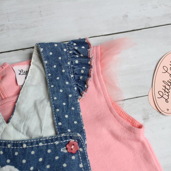 Little Lass Baby Girl Denim Blue Bib Overall Shorts Top Set Size 12 Mo - Picture 3 of 4